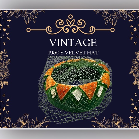 *Vintage 1950’s/60s green and orange velvet hat with netting - Picture 3 of 6